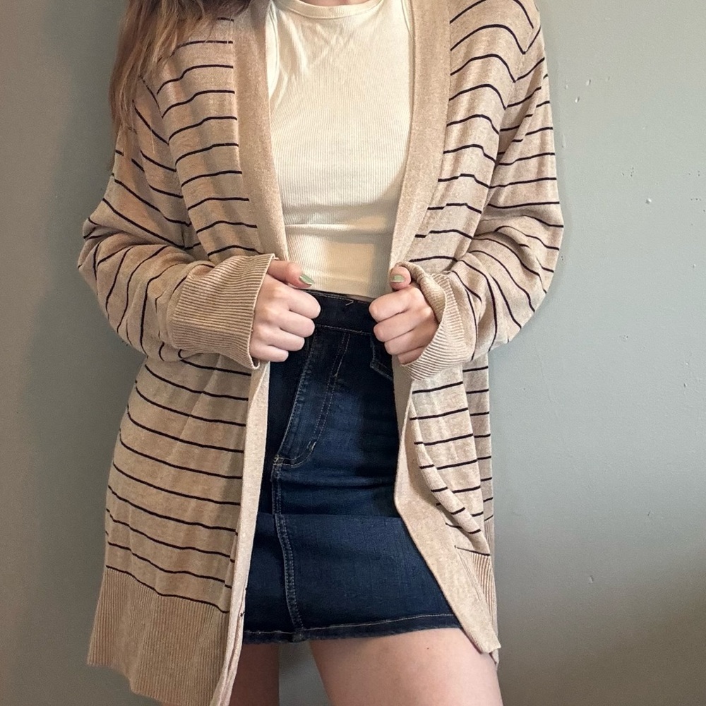 Croft & Barrow Tan Cardigan w/ Stripes (small hole!)